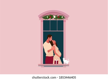 New Year or Christmas celebration. Lockdown. Quarantine life. Window frames with neighbors celebrating. Snow. Colorful vector illustration in modern flat style.