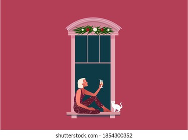 New Year or Christmas celebration. Lockdown. Quarantine life. The woman sitting in the window and drinking cocktail. Colorful vector illustration in modern flat style.