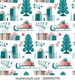 New year and christmas celebration, pine trees and presents, sleigh with gifts. City street with buildings, evergreen branches. Seamless pattern, background or print for xmas winter holiday vector