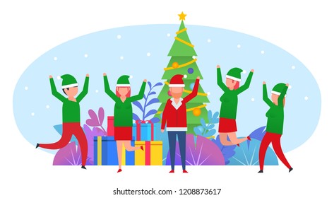 New Year, Christmas celebration. Santa Claus and elves stand near Christmas tree and celebrate. Poster for social media, banner, web page, presentation. Flat design vector illustration