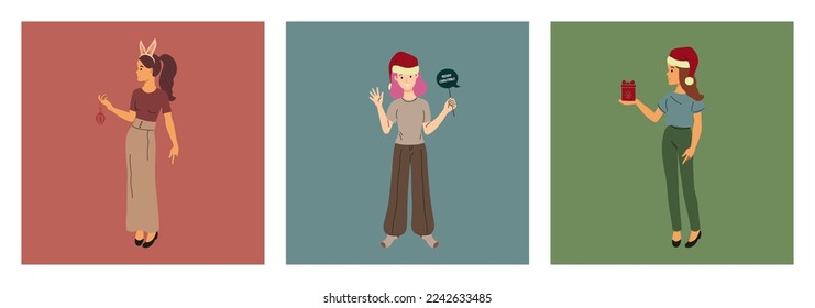 New Year and Christmas celebration. Set of tree illustrations. Isolated on coloured background
