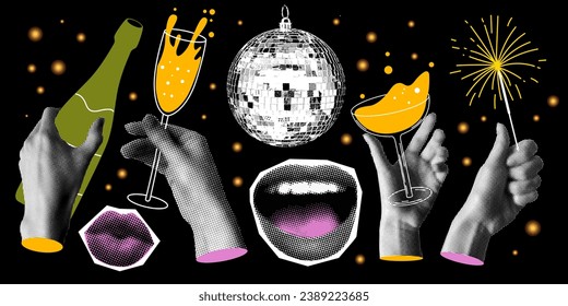 New year, Christmas celebration. Set of halftone hands holding drinks, bottle of champagne. Retro halftone lips, disco ball. Trendy vintage newspaper collage. People drink wine, champagne at party