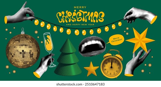 New year, Christmas celebration. Set of halftone hands holding drinks, garland, decoration. Retro halftone smiling mouth, disco ball, Christmas tree, alarm clock. Modern newspaper collage