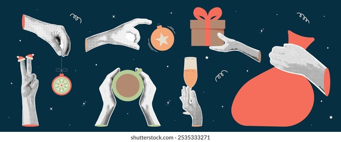 New year, Christmas celebration. Set of halftone hands holding gift box, cup of coffee, wine, toy and more. Trendy retro collage and newspaper elements. Holiday concept on dark background