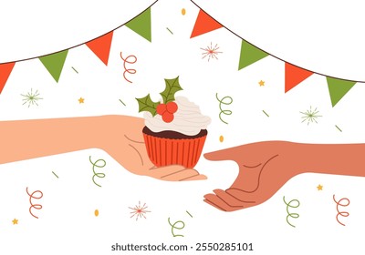 Ano novo, celebração de Natal. Modelo de Natal para cartão e banner. Ilustração vetorial em estilo de desenho animado plano