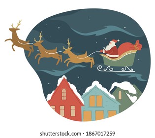 New year and christmas celebration, winter holidays. Santa claus greeting citizens with xmas, riding on sleigh with reindeers. Grandfather frost with presents in sack. Gifts on eve, vector in flat