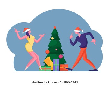 New Year or Christmas Celebration at Work or Home. Happy Colleague Man and Woman Business People Dancing at Decorated Xmas Tree with Gifts Having Fun in Office Party. Cartoon Flat Vector Illustration
