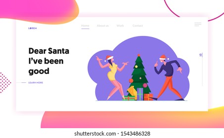 New Year or Christmas Celebration at Work or Home Website Landing Page. Happy Man and Woman Business People Dancing at Decorated Xmas Tree with Gifts Web Page Banner. Cartoon Flat Vector Illustration