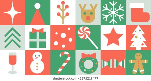 Patrón geométrico de chequeo de Navidad de Año Nuevo. 
mosaicos decorativos, azulejos cuadrados ornamentales, iconos mínimos de vacaciones. Ilustración vectorial plana. Diseño de empaquetado de cajas de regalo. 