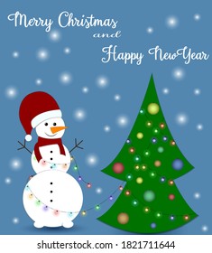 New Year. Christmas. Cheerful snowman with Santa Claus hat and winter scarf. Christmas tree with garland. Merry Christmas and Happy New Year card. Vector illustration.