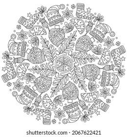 New Year, Christmas circle mandala. Hand drawing coloring page for kids and adults. Winter Holidays. Beautiful drawing with patterns and small details. Coloring anti stress pictures