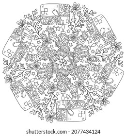 Año Nuevo, ciclo navideño mandala. Página de dibujo a mano para niños y adultos. Vacaciones de invierno. Bonito dibujo con motivos y pequeños detalles. Colores de fotos anti estrés