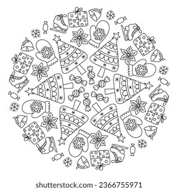 New Year, Christmas circle mandala. Hand drawing coloring page for kids and adults. Winter Holidays. Beautiful drawing with patterns and small details. Coloring anti stress pictures