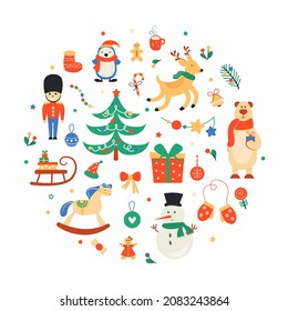 New Year and Christmas collection of characters and winter elements in circular shape. Vector illustration.