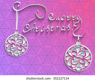 New Year or Christmas colored background with snowflakes and inscription and Christmas balls with numbers percent discounts to sell the concept. Vector illustration.