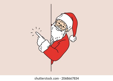 New Year and Christmas coming concept. Santa in traditional red cap and bearded looking and pointing aside with finger vector illustration 