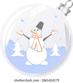 New Year and Christmas composition with cute snowman in glass bauble