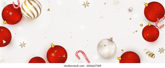  New Year  and Christmas composition. Flat lay design with Christmas decoration, red balls  on a white background.Top view. vector