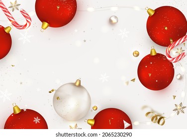 New Year  and Christmas composition. Flat lay design with Christmas decoration, red balls  on a white background.Top view. vector