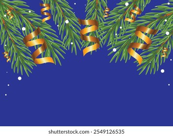New Year, Christmas composition. Pine branches, golden serpentine and white snowflakes on a blue background.