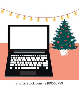 New Year or Christmas. Computer, space for text.Christmas decorations .Vector illustration.