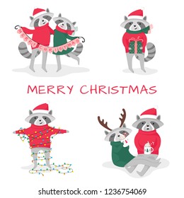 New Year or Christmas concept. Set of cute raccoons isolated on white background. Vector flat cartoon illustration. 