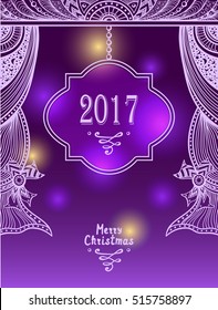New Year or Christmas congratulation   in violet lilac or creative Merry Christmas or New Year Post Card or for decoration  package or for congratulation winter holiday