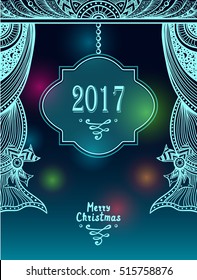 New Year or Christmas congratulation with  Zen tangle style decoration  in  blue or creative Merry Christmas or New Year Post Card or for decoration  package or for congratulation winter holiday