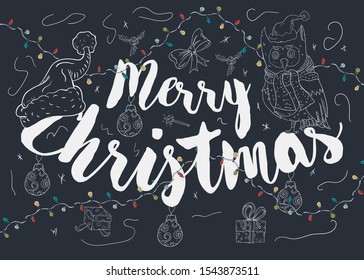 New year Christmas contour illustration for decoration design owl in Santa costume sitting on greeting inscription garland frame vector EPS 10