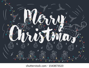 New year Christmas contour illustration for decoration design greeting inscription with Santa hat at the bottom gift boxes Christmas balls toys garland frame vector EPS 10