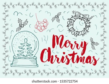New year and Christmas contour layout for design postcards in the style of childrens Doodle greeting inscription glass ball with spruce wreath Holly branch Rowan vector EPS 10