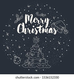 New year and Christmas contour layout for design cards in the style of childrens Doodle greeting inscription spruce Santa hat candy circle of snowflakes vector EPS 10