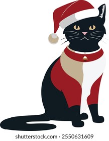 new year or Christmas cute cartoon black fat kitten , Cute cat illustration with a Christmas tree hat