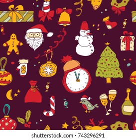New year Christmas dark seamless pattern. Color vector illustration. EPS8