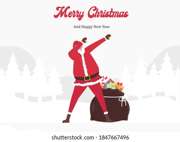 New year and christmas day vector concept: Santa claus dabbing with a sack of presents and merry christmas text and happy new year