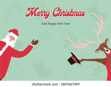 New year and christmas day vector concept: Santa claus and his reindeer with words of merry christmas and happy new year