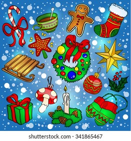 New Year. Christmas. Decor. Vector. Background. Snow. decoration, present.