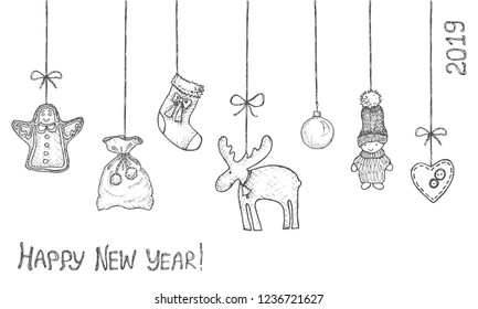 New Year and Christmas decoration - 7 grey hand-drawn elements