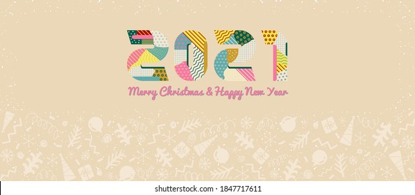 New year and christmas decoration border. Winter holiday vector background. 2021 New Year ornament in memphis style