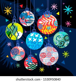 New Year Christmas decoration colorful ornament ball greeting cards. Christmas tree branch stars snowflakes. Hand drawn vector illustration.