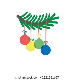 New Year Christmas decoration with fir branch and colorful baubles. Colored flat vector illustration isolated on white background.