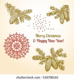 New Year and Christmas decoration, lace, cones and Christmas tree. Set 1
