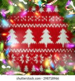 New Year christmas decoration. Christmas template against knitted background. Illustration for new years day, christmas, winter holiday, new years eve, silvester, etc. EPS 10 vector file included