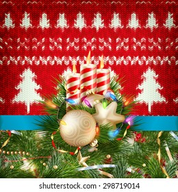 New Year christmas decoration. Christmas template against knitted background. Illustration for new years day, christmas, winter holiday, new years eve, silvester, etc. EPS 10 vector file included