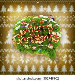 New Year christmas decoration. Christmas template against knitted background. Illustration for new years day, christmas, winter holiday, new years eve, silvester, etc. EPS 10 vector file included