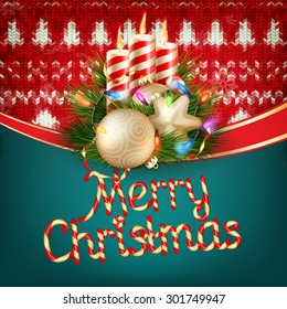 New Year christmas decoration. Christmas template against knitted background. Illustration for new years day, christmas, winter holiday, new years eve, silvester, etc. EPS 10 vector file included