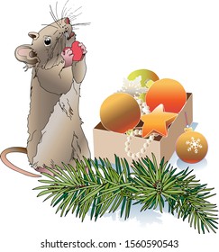 New Year and Christmas decorations, pine branch, mouse.

