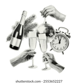 New Year and Christmas decorative elements with halftone effect. Trendy paper cutout for holiday collage, banner.