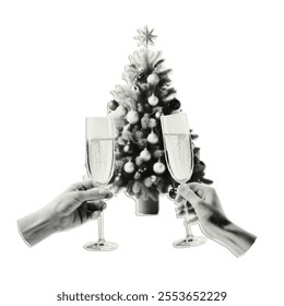 New Year and Christmas decorative elements with halftone effect. Trendy paper cutout for holiday collage, banner.