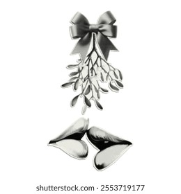 New Year and Christmas decorative elements. Kiss under the mistletoe with halftone effect. Trendy paper cutout for holiday collage, banner.